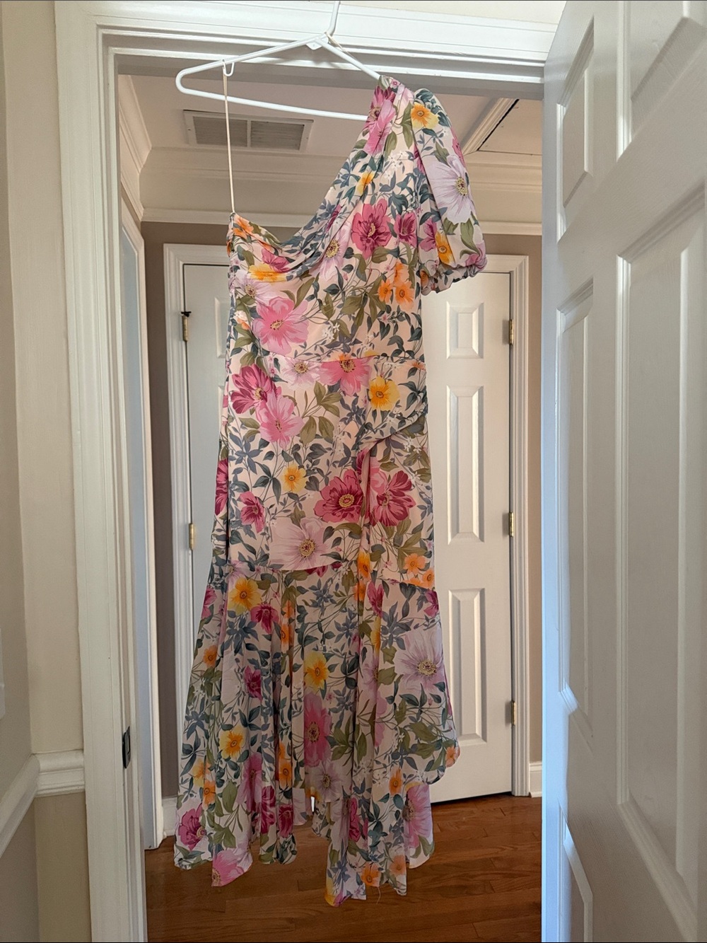 Astr One-Shoulder Floral Maxi Dress in Pink, Yellow & Green